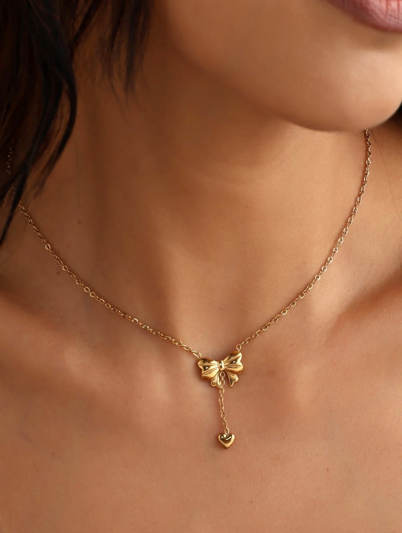 Bow Heart Drop Necklace